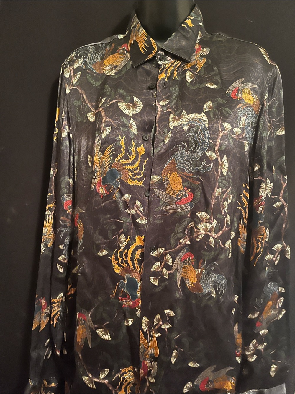 Zara Black Satin Button-Down Shirt with Multicolor Rooster Print
